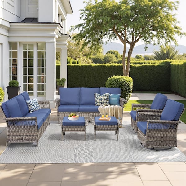 Buenaola Nyajiah 6-Piece Wicker Outdoor Patio Conversation Set with Blue Cushions