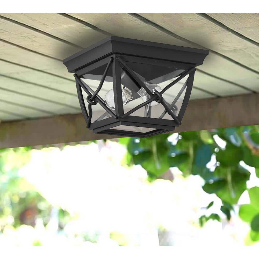 Black Steel and Glass Outdoor Flush Mount Ceiling Light
