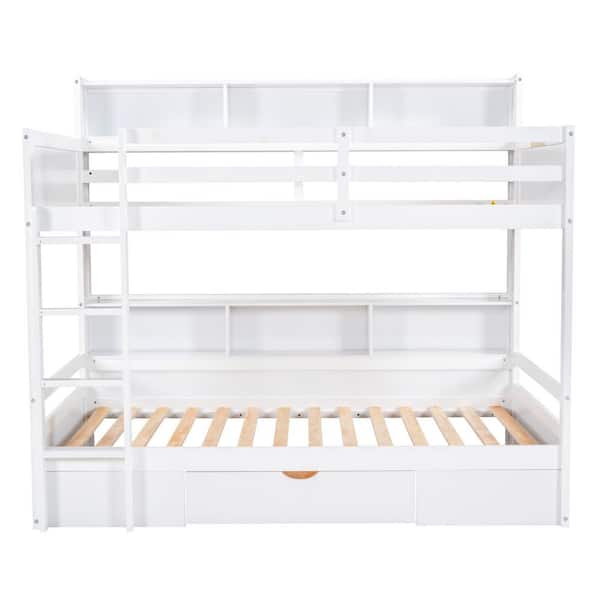 White Twin Bunk Bed with 2 Shelves and Drawer