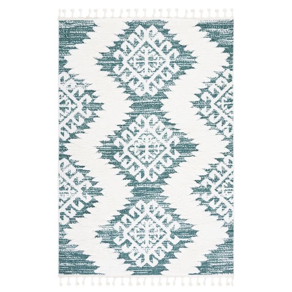 Moroccan Tassel Shag 7 ft. x 9 ft. Green/Ivory Geometric Zig-Zag High-Low Area Rug