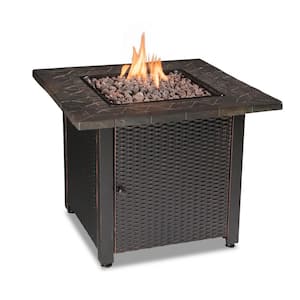 30 in. W Bronze Finish Steel Base Faux Slate Mantel LP Gas Fire Pit with Electronic Igition and Lava Rocks