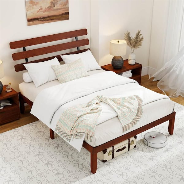 Brown Wood Frame Queen Size Platform Bed with Retro Headboard &Under-Bed Storage Space