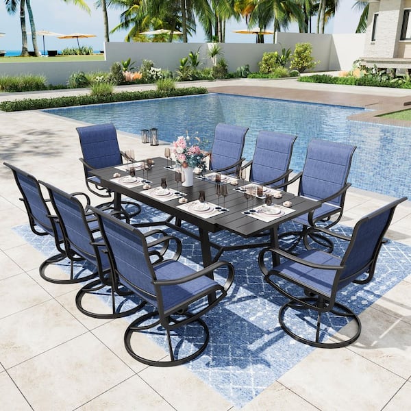 PHI VILLA Black 9-Piece Metal Outdoor Patio Dining Set with Extendable Table and Padded Blue Textilene Swivel Chairs