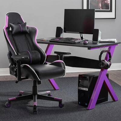 Purple Premium PU Leather Reclining Computer Office Chair with Arms and Adjustable Headrest and Lumbar Support