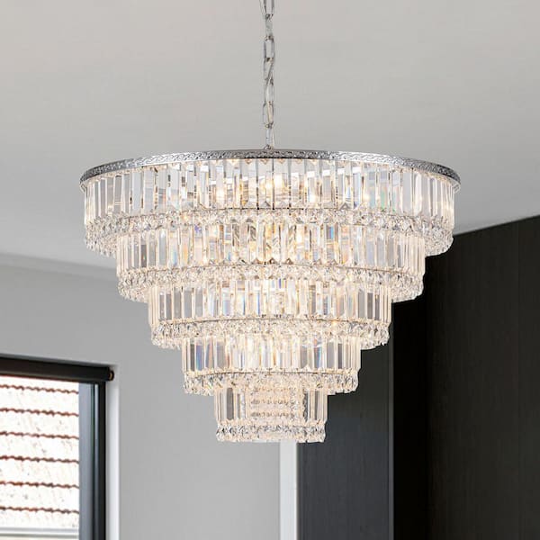 17-Lights Polished Chrome Modern Luxury Tiered Chandelier for Dining Room with Clear Crystal Shade and No Bulb Included