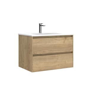 Perla 28 in. W x 18.1 in. D x 19.5 in. H Single Sink Wall Mounted Bath Vanity in Natural Oak with White Ceramic Top