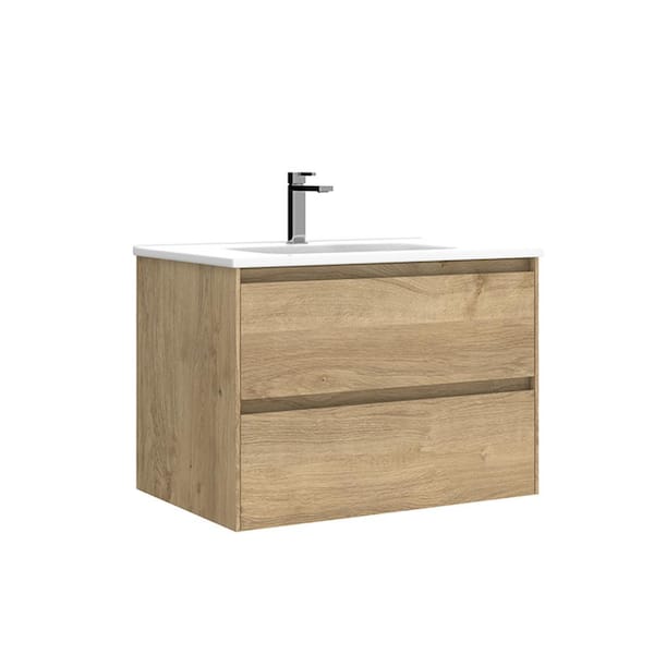 WS Bath Collections Perla 28 in. W x 18.1 in. D x 19.5 in. H Single Sink Wall Mounted Bath Vanity in Natural Oak with White Ceramic Top