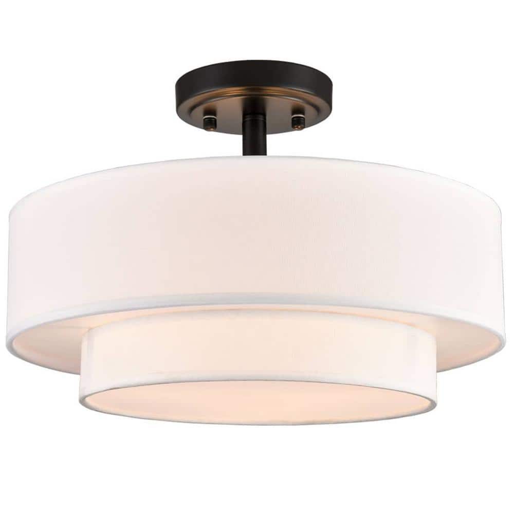 Polished Black Dual-Layer Drum Fabric Shade Semi Flush Mount Light