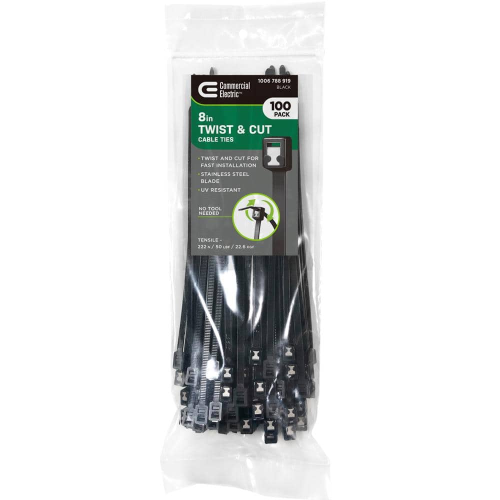 8in Twist and Cut UL Listed UV Resistant  Cable Zip Ties 100 Pack UV (Black