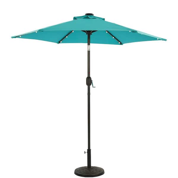 ANGELES HOME 7.5 ft. x 7.5 ft. 50+ UPF Solar Lighted Crank Tilt Steel Market Patio Umbrella without Base in Light Blue