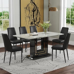 Black 7-Piece Faux Marble Top Dining Table Set Seats 6 with U-Shaped Table Base and 6 Upholstered Chairs