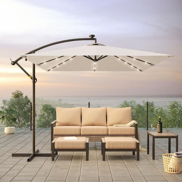 8.2 ft. x 8.2 ft. Patio Offset Cantilever Umbrella With LED Lights, Rectangular Canopy, Steel Pole and Ribs in Beige