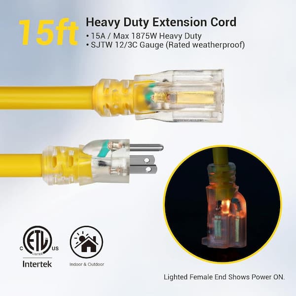 15 ft. 12/3 Gauge SJTW Indoor/Outdoor Extension Cord with LED Lighted End, Yellow, ETL Listed