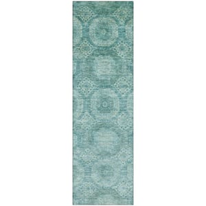 Mayfield Premium Machine Washable Abstract AMF1925 Teal 2 ft. x 7 ft. Runner Rug