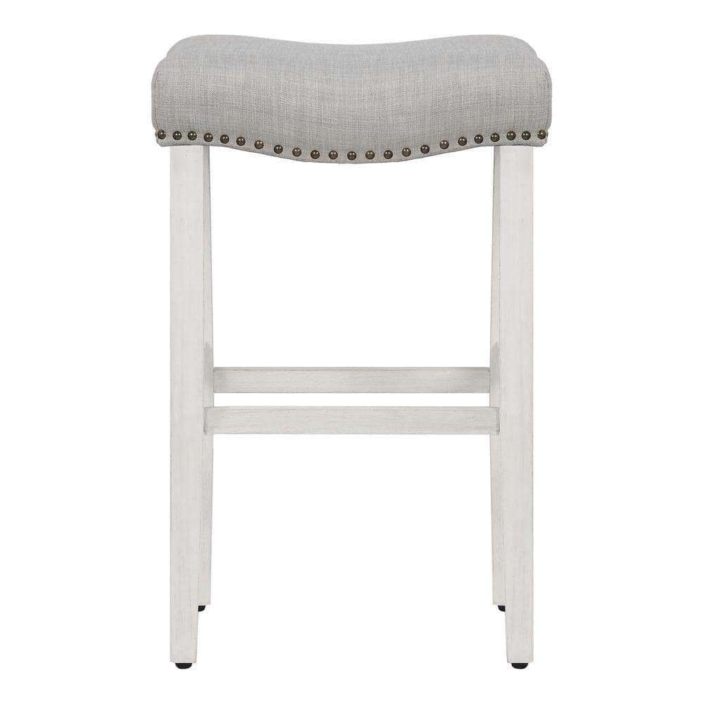 29" Antique White and Gray Upholstered Saddle Seat Counter Stool