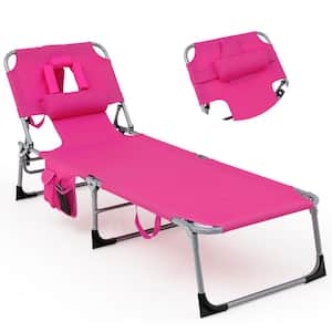 Portable Beach Chaise Lounge Chair Folding Reclining Chair with Facing Hole Pink