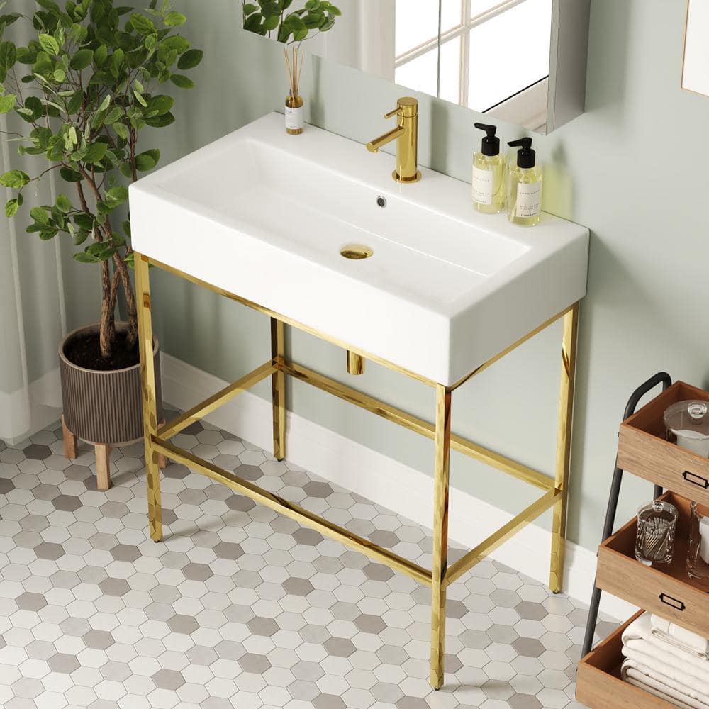 White Ceramic Console Sink with Gold Stainless Steel Frame
