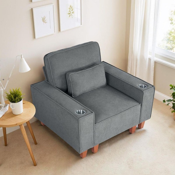Oversized Dark Gray Chenille Armchair Deep Seat Single Sofa with 2-Cup Holder and Lumbar Pillow for Living Room