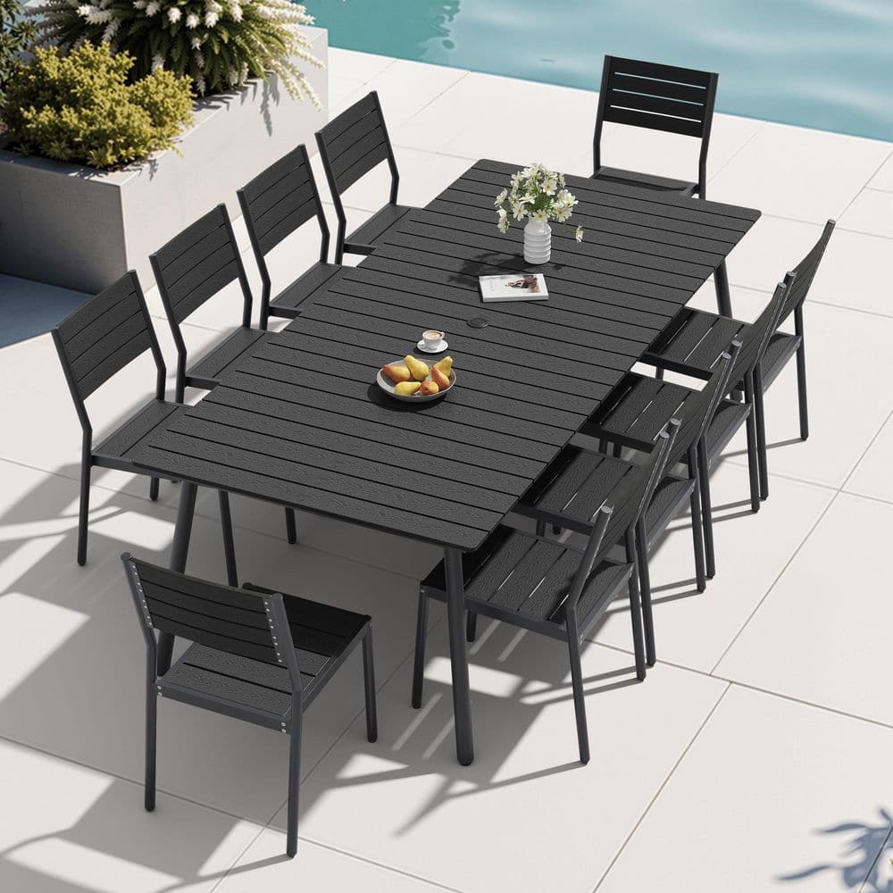 11pcs WPC Board Outdoor Patio Dining Set Stackable Chair 94.5 in Table with Umbrella Hole in Black For Backyard price history on PriceWatchPro
