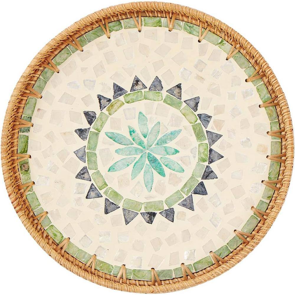 11.8 in. Beige Bohemia Round Rattan Decorative Tray with Wooden Base (1-Pac