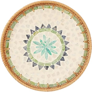 11.8 in. Beige Bohemia Round Rattan Decorative Tray with Wooden Base (1-Pack)