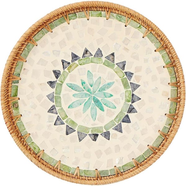 Unbranded 11.8 in. Beige Bohemia Round Rattan Decorative Tray with Wooden Base (1-Pack)