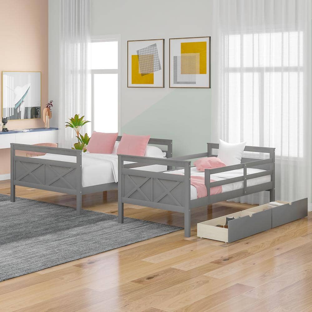 Gray Twin Over Full Pine Wood Bunk Bed with Storage Drawers