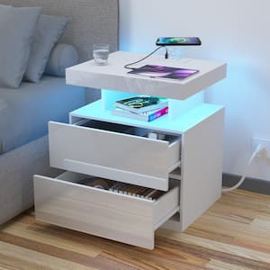 Modern White 2-Drawer 19.7 in. W Nightstand with Charging Station and Smart APP Controlled RGB LED Light Strip