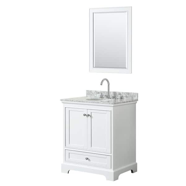 Wyndham Collection Deborah 30 in. Single Vanity in White with Marble Vanity Top in White Carrara with White Basin and 24 in. Mirror