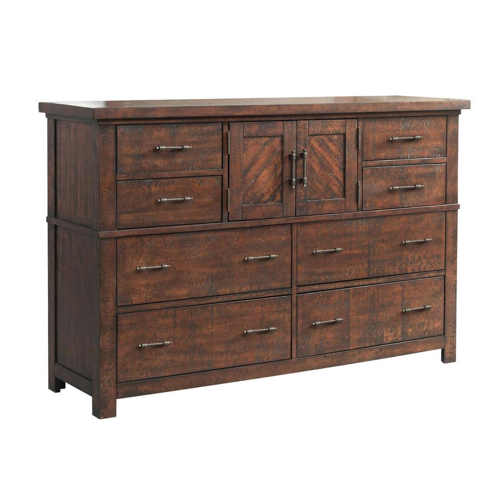 Rustic Walnut Brown 8-Drawer Dresser with Cabinet