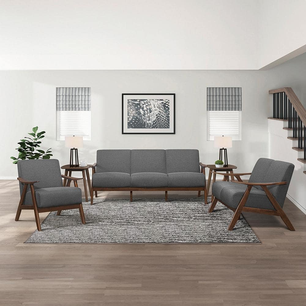 Transitional Gray Fabric Accent Chair with Walnut Wood Frame