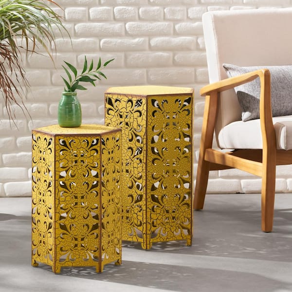 GAWEZA Antique Yellow Hexagonal Metal 22 in. H Outdoor Side Table Patio Accent Netting Table, No Assembly Required (Set 0f 2)