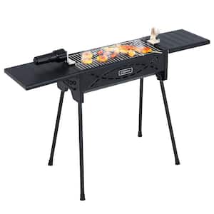 Portable Charcoal Grill in Black with Electric Roasting Fork, Removable Legs and Side Trays