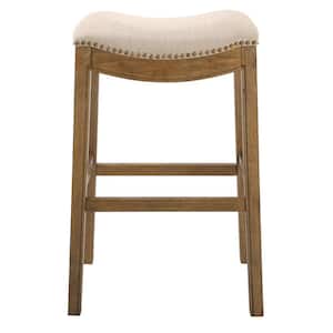 Saddle Backless Natural Wood 30 in. Bar-Height Bar Stool with Cream Linen Seat, One Stool