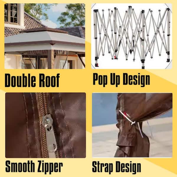 12 ft. x 12 ft. Pop Up Canopy Tent with Netting and Carry Bag, Instant Sun Shelter with 137 sq. ft. Shade, Beige, Brown
