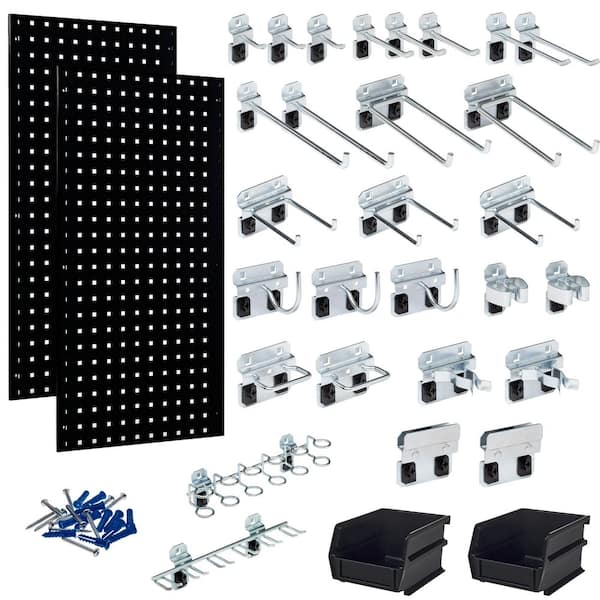 (2) 18 in. W x 36 in. H Black Steel Square Hole Pegboards with 30-piece LocHook Assortment and Hanging Bin System