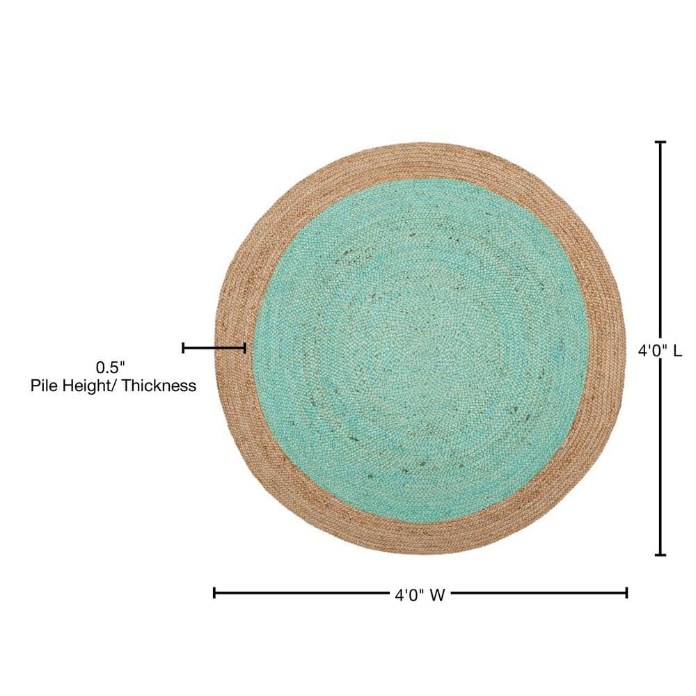 Aqua and Natural Round Braided Jute Rug, 4' Diameter