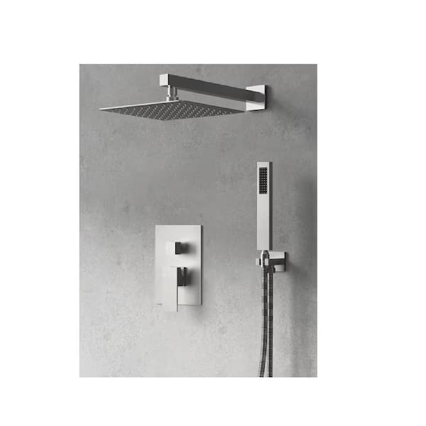 Unbranded 10 in. 2-Spray Dual Handle Square Shower Head Wall Mount Fixed and Handheld Shower 2.5 GPM with Tub Faucet in Gray