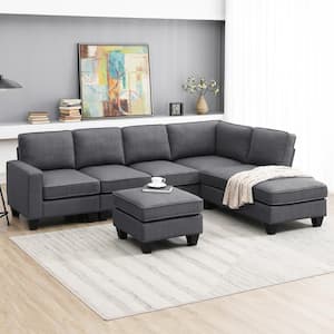 104.3 in. W Square Arm 4-Piece Linen L-Shaped Sectional Sofa in Dark Gray with Chaise Lounge and Convertible Ottoman