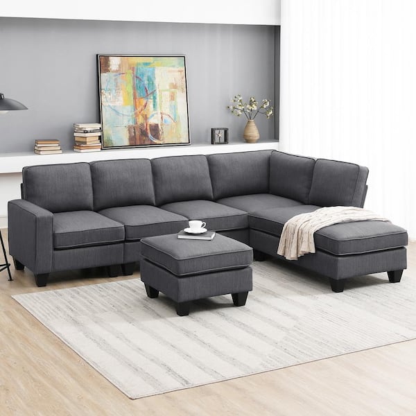 Harper & Bright Designs 104.3 in. W Square Arm 4-Piece Linen L-Shaped Sectional Sofa in Dark Gray with Chaise Lounge and Convertible Ottoman