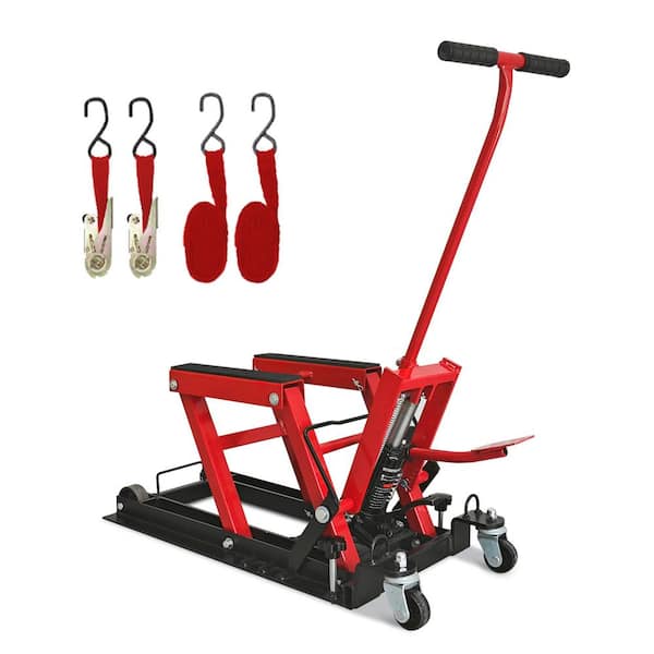 Red 1500 lb. Capacity Heavy Duty Steel Hand Truck with Hydraulic Lift Jack and 4 Casters for Motorcycle ATV UTV