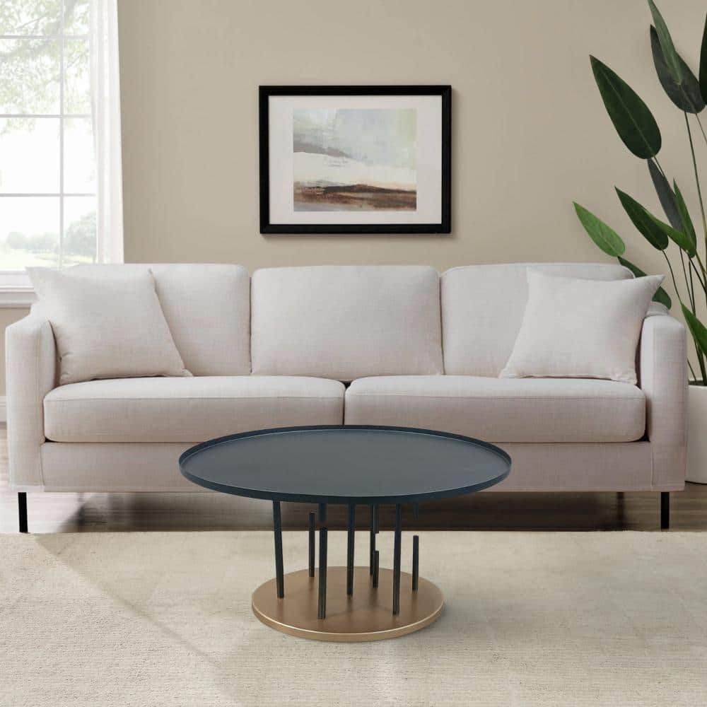 31" Round Matte Black and Brass Metal Coffee Table