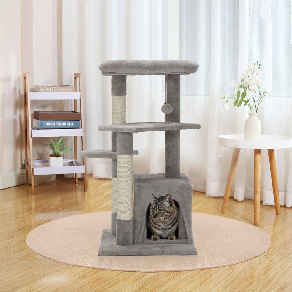 Light Gray Plush Cat Tree with Sisal Scratching Posts and Condo