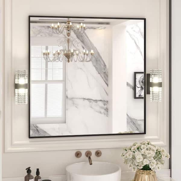 36 in. W x 36 in. H Square Framed French Cleat Wall Mounted Tempered Glass Bathroom Vanity Mirror in Matte Black