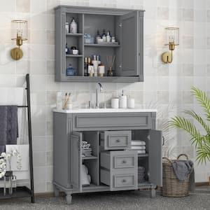 35.9 in. W x 18.1 in. D x 62.7 in. H Single Sink Freestanding Bath Vanity in Grey with White Resin Top and Mirror
