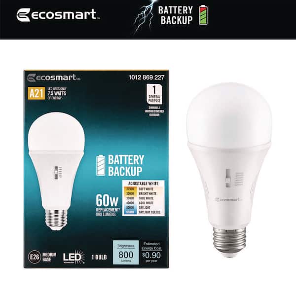 EcoSmart 60-Watt Equivalent A21 Dimmable Battery Backup LED Light Bulb with Selectable Color Temperature (1-Pack)