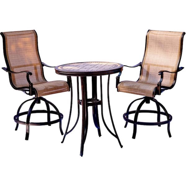 Hanover Monaco 3-Piece Outdoor Bar H8 Dining Set with Round Tile-Top Table and Contoured Sling Swivel Chairs