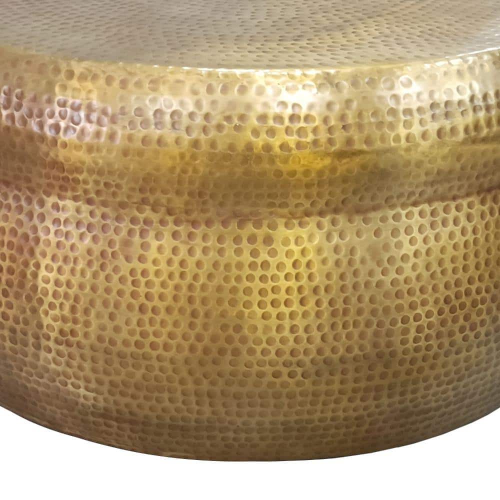 32" Artisanal Antique Brass Round Drum Coffee Table with Storage