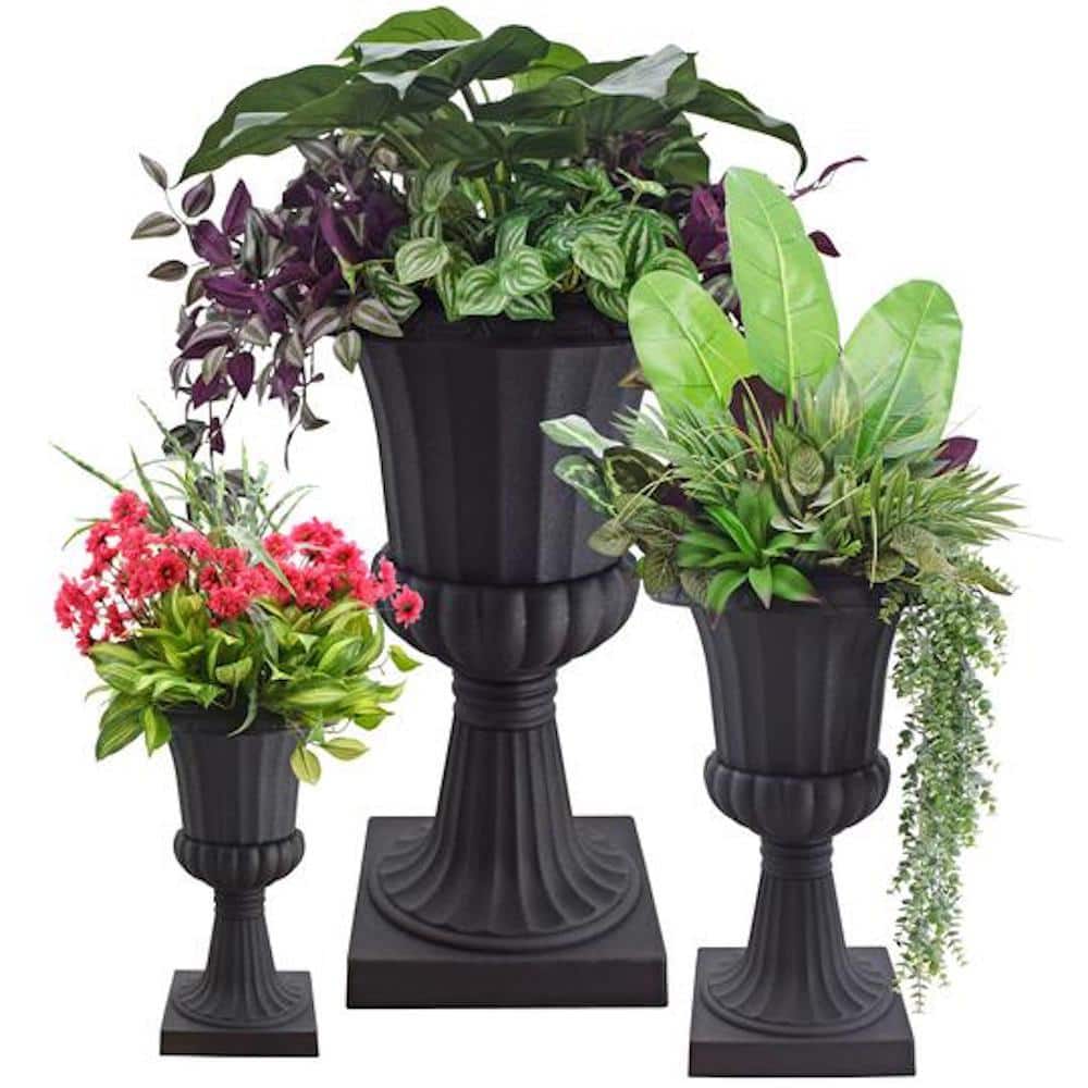 Large Black Plastic Outdoor Pedestal Urn Planter Set
