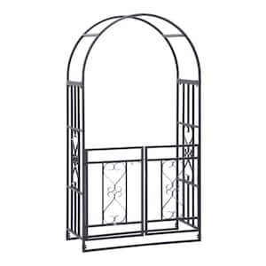 Black 81.00 in. x 19.75 in. Steel Metal Garden Arbor Double Doors and Locking Gate Climbing Vine Frame with Heart Motifs